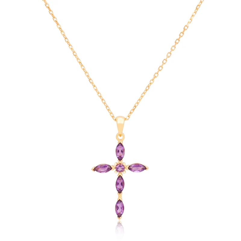925 Sterling Silver 18K  Gold Plated Gemstone Hand Setting Marquise Round Shape Amethyst Cross Necklace For Christmas Gift