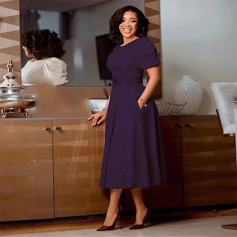 L35 Ladies Office Dresses Women Formal Work O-neck Puff Sleeve Wrap Waist A-line Ruched Dress Elegant Casual Dresses With Belt