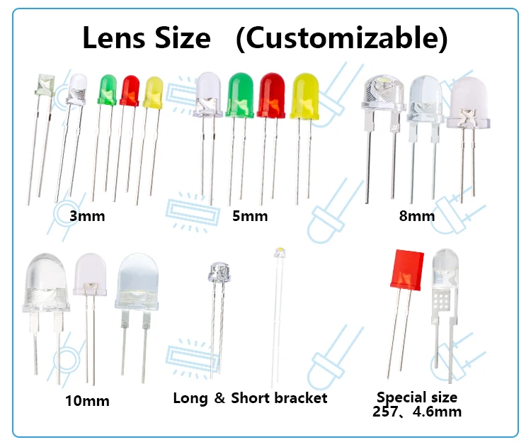 Through Hole DIP LED Diode 2mm 3mm 5mm 8mm 10mm White Red Green Blue Yellow  Flashing Round Oval Flat Top Rectangle Bullet