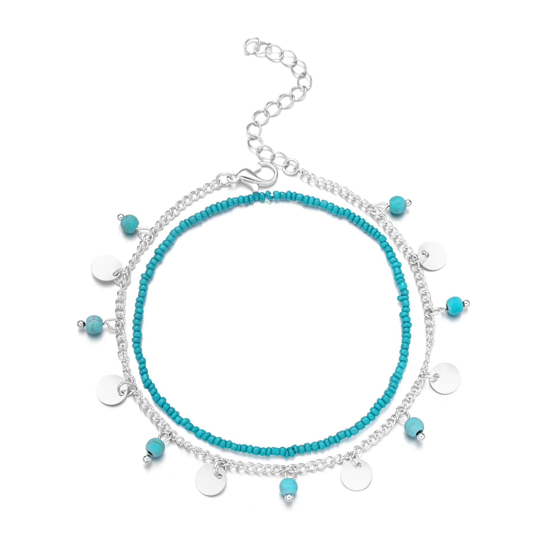 2Pcs Ankle Chain Foot Jewelry Versatile Girls Simple Stylish Design Double Layer Round Disc Turquoise Anklet For Women