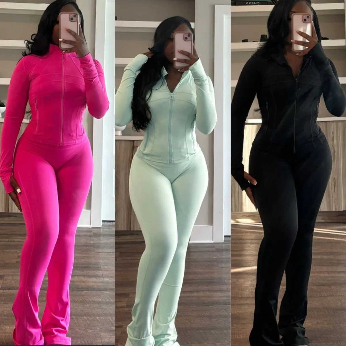 X16457C Повседневный Спортивный комплект из 2 предметов женские топы с длинными рукавами на молнии и расклешенные брюки подходящие осенние спортивные костюмы для фитнеса уличная одежда