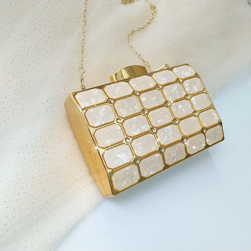 Bridal Party Box Evening Purse Chain Marble Clutch Acrylic Bag for Women Solid Pattern Metallic Material with Rhinestone