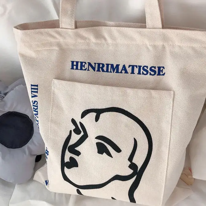 LOW MOQ Custom logo Printed Calico Cloth Organic Cotton Canvas Tote Bag With Outside Pocket and Zipper for College Students