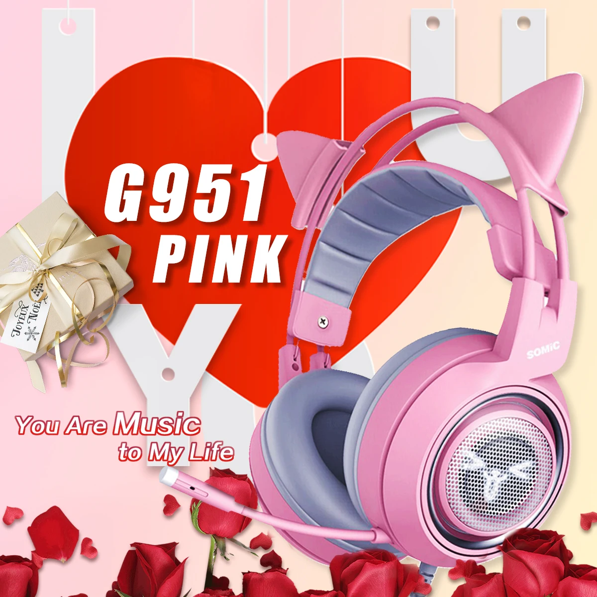 Best Gaming Partner G951 Cute Anime Cat Ears Wired Headphone Pink Headset with