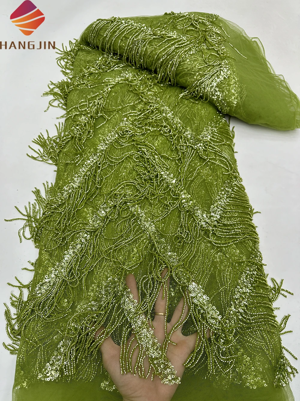 Luxury Sequins Embroidery French Tulle Mesh Lace Heavy Embroidery Beaded Tassel Fringe Fabric For Wedding Party Dress