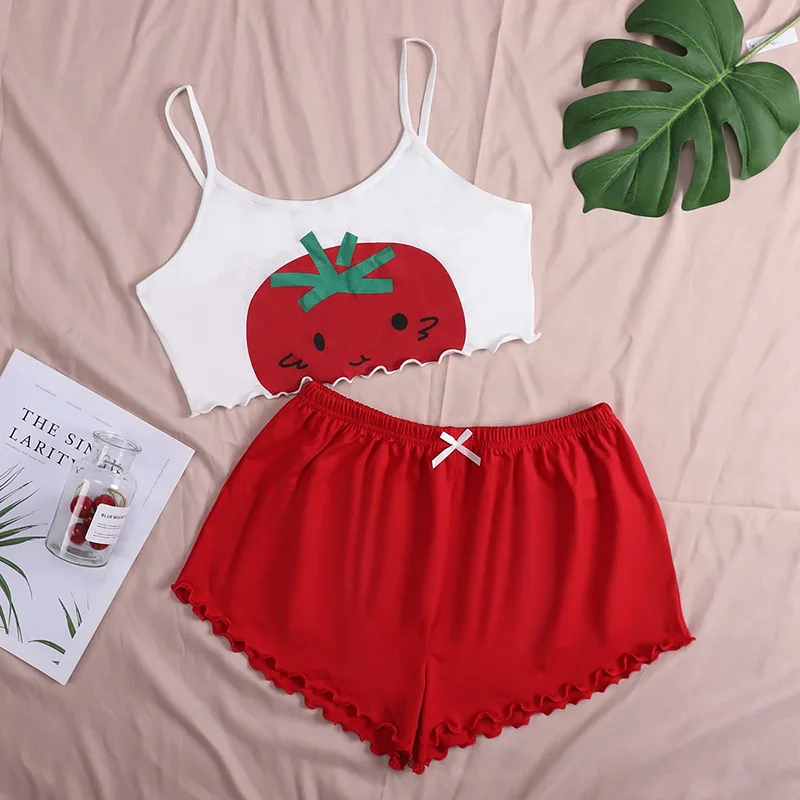 Wholesale Red Cute Tomato Print Milk Silk Sling Shorts Homewear Pajama Set