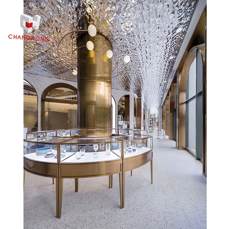 Luxury Metal Shop Fittings With LED For Gold Shop Retail Store Cabinet Display Table Glass Display Case Jewelry Display Showcase