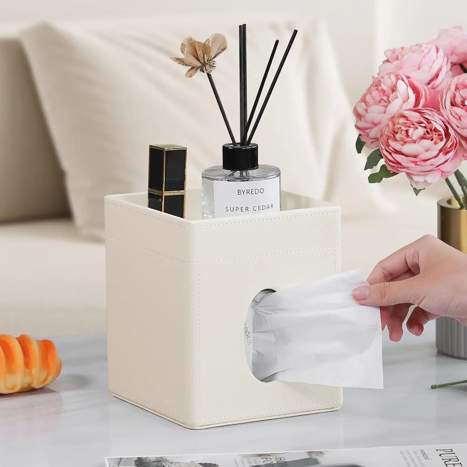 Square Tissue Box Cover - Decorative Cube Tissue Box Holder with Tray Stylish Tissue Box