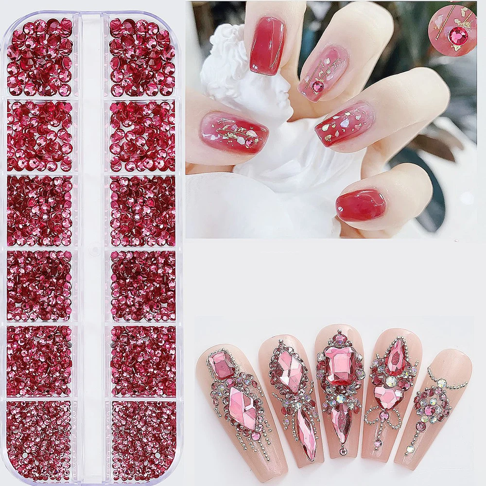 12Grids SS4-SS16 Mixed Nail Rhinestones Red /Green Diamond Nail Gems Flat-back Glass Stones Nail Charms with Wax Pen Picker