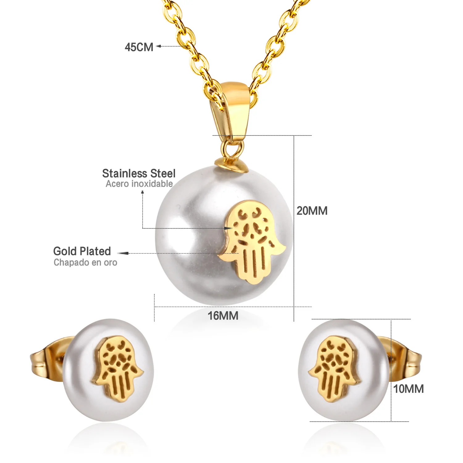 Good Price Fashion Stainless Steel Jewelry Set Fancy Heart Shape Stud Earrings Hypoallergenic Pearl Pendant Necklace