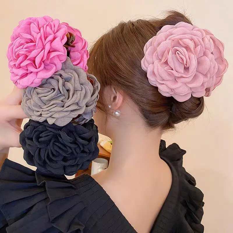 QianJin Elegant Holiday Style Hair Claw 9cm Fabric Rose Flower Hair Claw Clips High Feeling Hair Accessories For Women