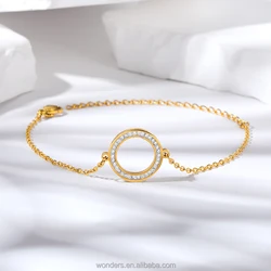Stainless Steel CZ Open Circle Charm Link Chain Bracelet Bangle Steel Jewelry For Women Girls Ladies Bracelet Charm