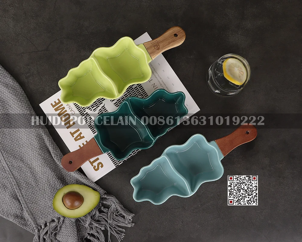 New design 2 compartment ceramic porcelain divided snack serving dish bowl serving ware ceramic