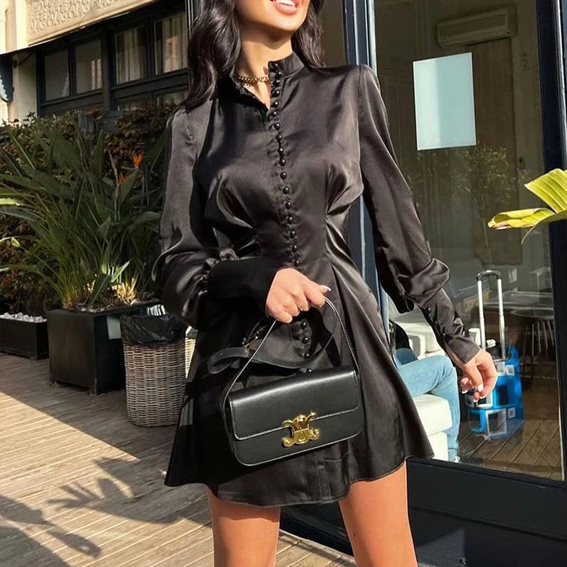 Summer Long Sleeve Knitted Button Satin Short Dress Custom Women Casual Dresses