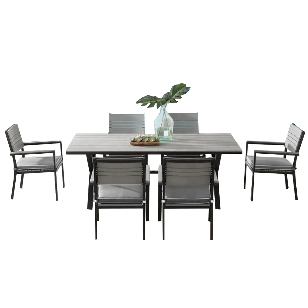 7 Piece Faux Plastic Wood Slat Table Chair Outdoor Patio Dining Set for garden