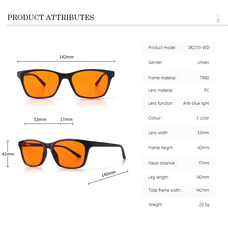 Newest Fashion Classis Square Black Frame Orange Lenses Optical Frames TR90 Material PC Lens Unisex Anti-Blue Light Glasses