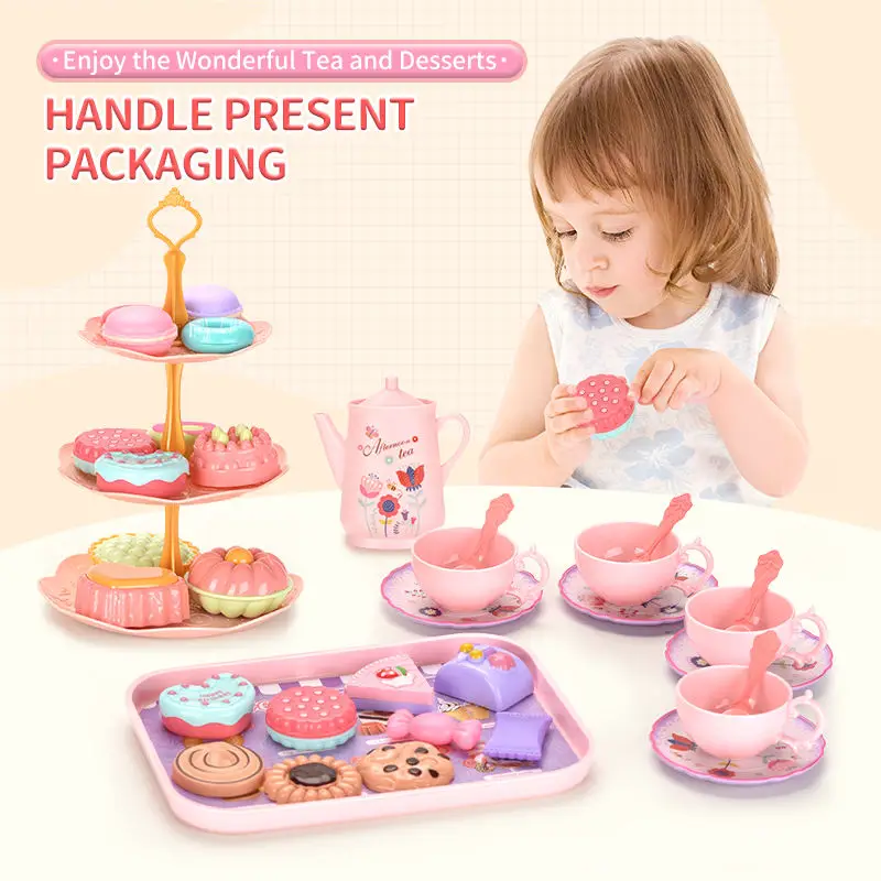 2024 Bemay Toys Kids Tea Set for Little Girls Pink Tin Tea Party Set Afternoon Tea Time Play Set
