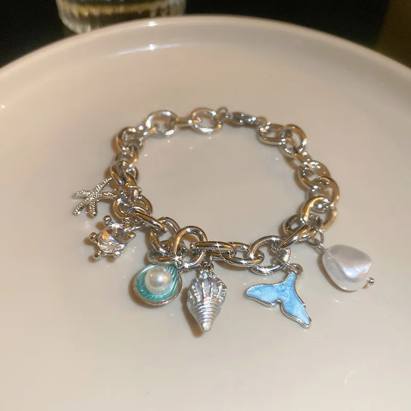 Ocean Style Elegant Bracelet With Faux Pearl Shell Mermaid Tail Drip Oil Charm For Women Summer Beach bracelet