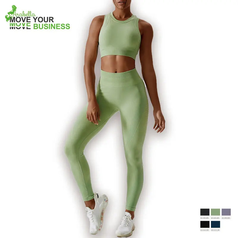 Arabella 2023 Custom Logo High Impact High Collar Full Length Ribbed 2 Piece Fitness Seamless Yoga Set