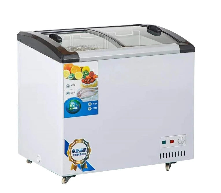 266L commercial ice Cream curved glass door display chest freezer