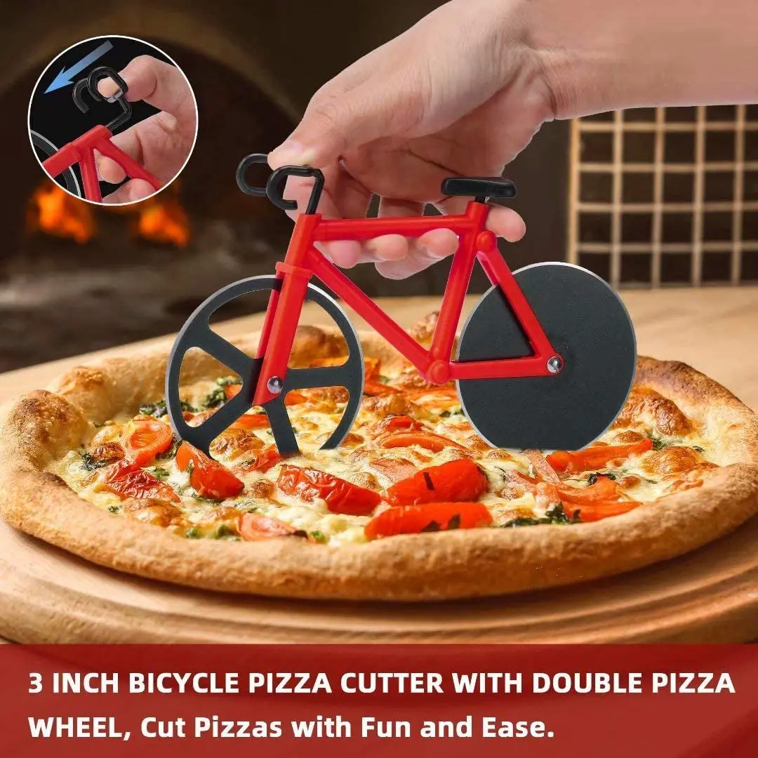 Stainless Steel Bike Pizza Cutter and Wheel Bicycle Shape Pizza Cutter Wheel Non-stick Double Cutting Wheel Bicycle Pizza Slicer