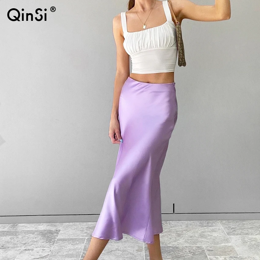  QINSI Ladies High Waisted Skirts 2022 Fashion Women Outfit Satin Skirt Fall