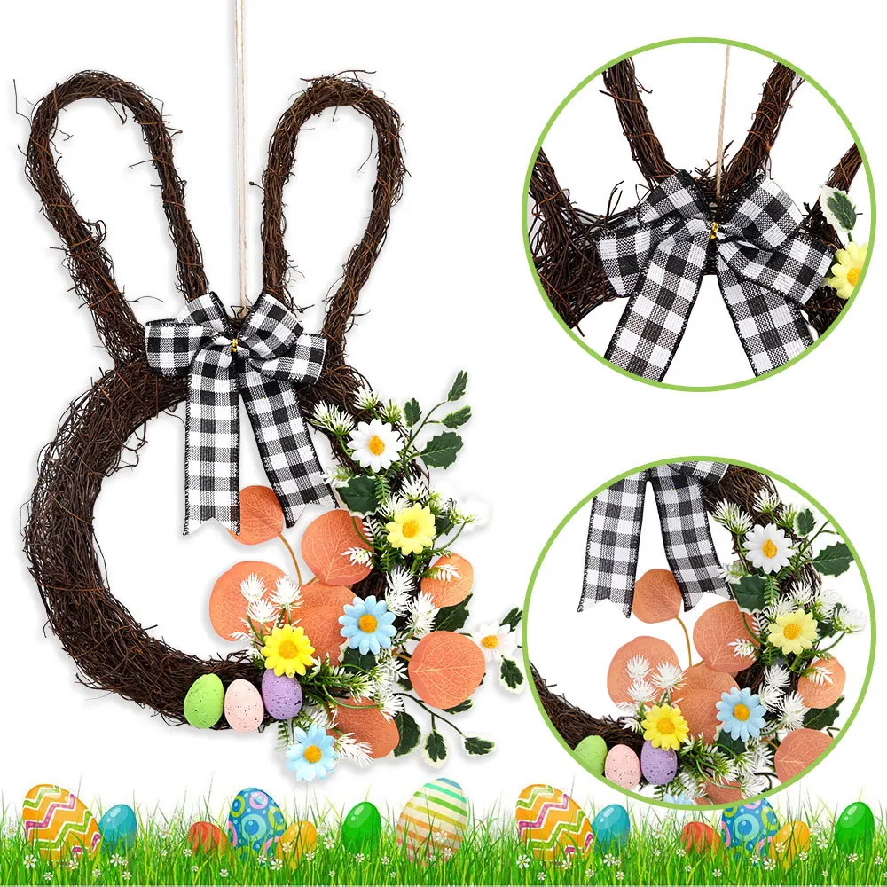 Vintage Spring Berry Egg Decoration Hanging Door Easter Bunny Wreath with Bow