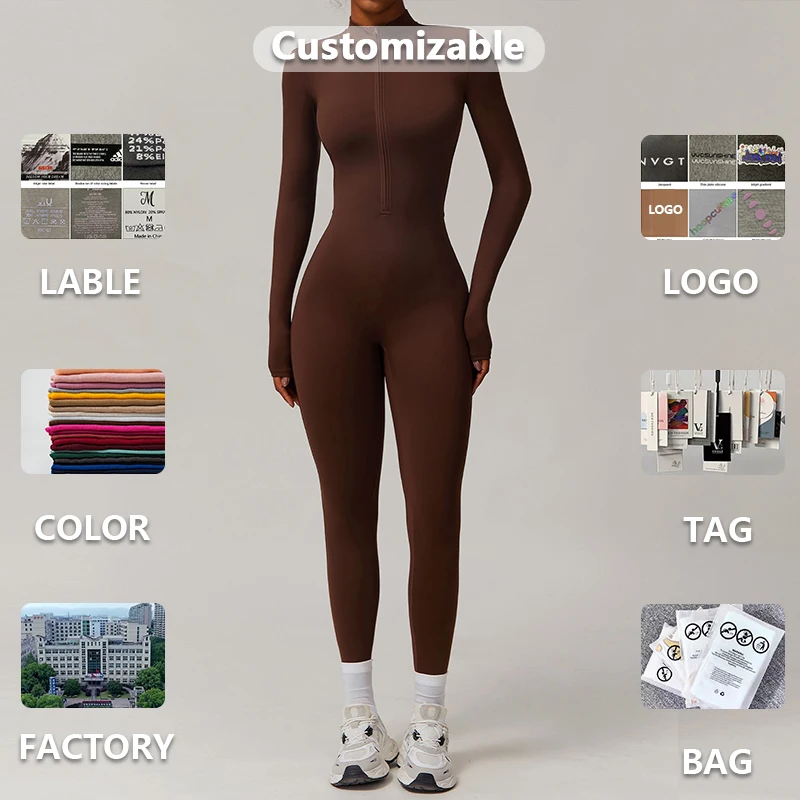 XW-CLT8445 Custom Half Zip Yoga Activewear Sports Long Sleeve Nylon Bodysuit Workout One Piece Gym Female Jumpsuit