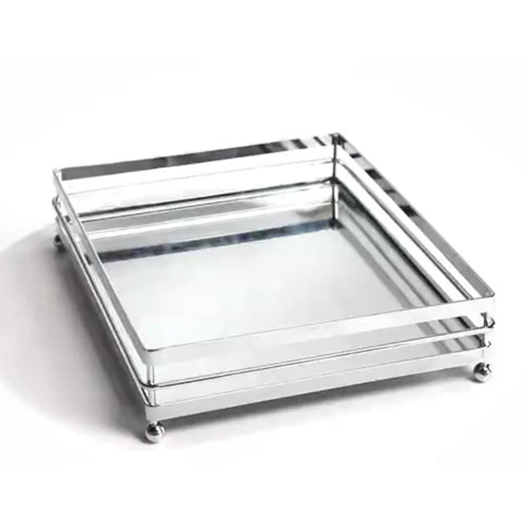 Wholesale Home Decorative Storage Silver Glass Mirror Tray Gold Metal Serving Tray