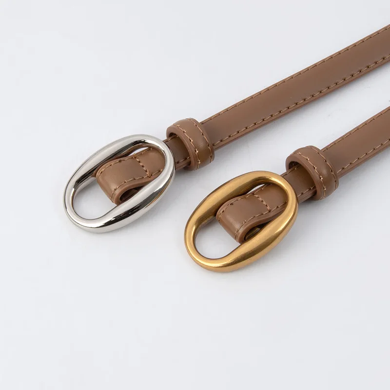 Stylish Versatile Oval Metal Buckle Leather 1.4cm Jeans Waist Belt for Dress and Daily Wearing