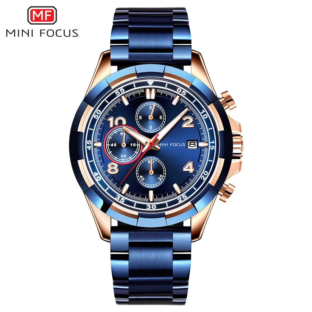 
Mini focus 0198 stainless steel chain black color wrist watch custom cheap chronograph luxury analog watches for men 