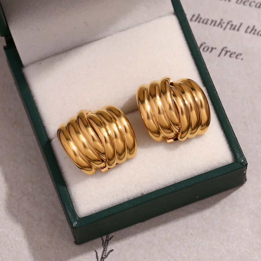 Stylish Three-layer Striped Stainless Steel PVD Gold Plated Cross Drop Earrings Prevent Allergy Women Unusual Jewelry Gift