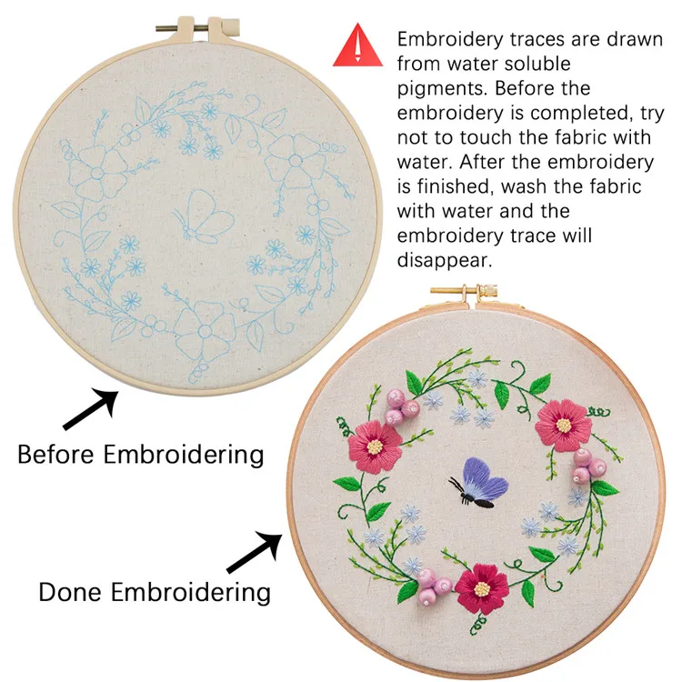 High Quality Yiwu Textile Fabric Crafts Custom Flower Pictures Simple Hand DIY 3 In 1 Embroidery Kit With 8 Inch Plastic Hoop