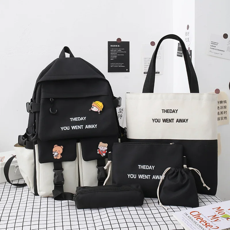 New five-piece schoolbag Korean version ins color matching middle school student schoolbag fashion letter student backpack