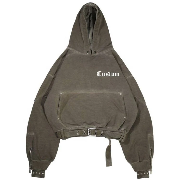 Men Layered Construction Sweatshirt Cotton Blank Heavy Weight Pullover Acid Wash Oversize Adjustable Belt Men Hoodies