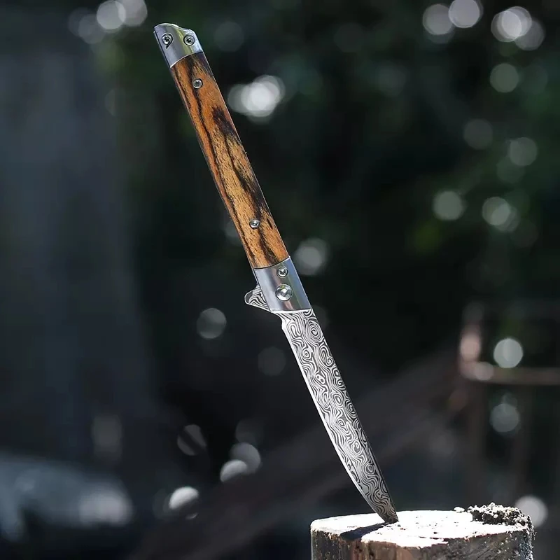 Free Sample Factoryd Price Damascus Pattern Blade Outdoor Folding Pocket Hunting Camping Survival Knife With Leather Case