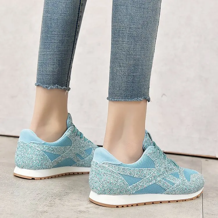 Plus Size Summer Women Flat Shining Sneakers Outdoor Walking Ladies Vulcanized Shoe Mesh Breathable Bling Casual Sport Shoes