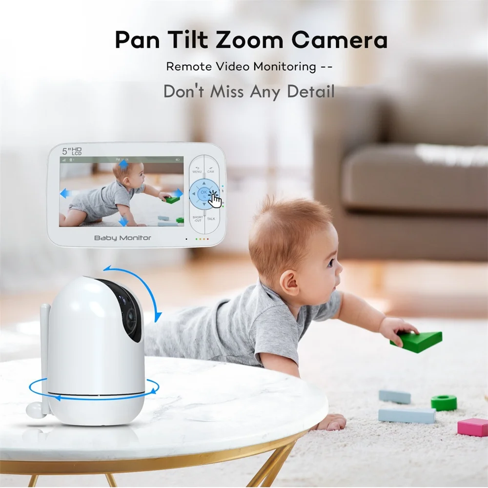 Newest Long Range Remote PTZ View 5000mAh Battery Crying Alarm Lullabies Babyphone 5 inch Tuya Smart WiFi Baby Monitor with APP