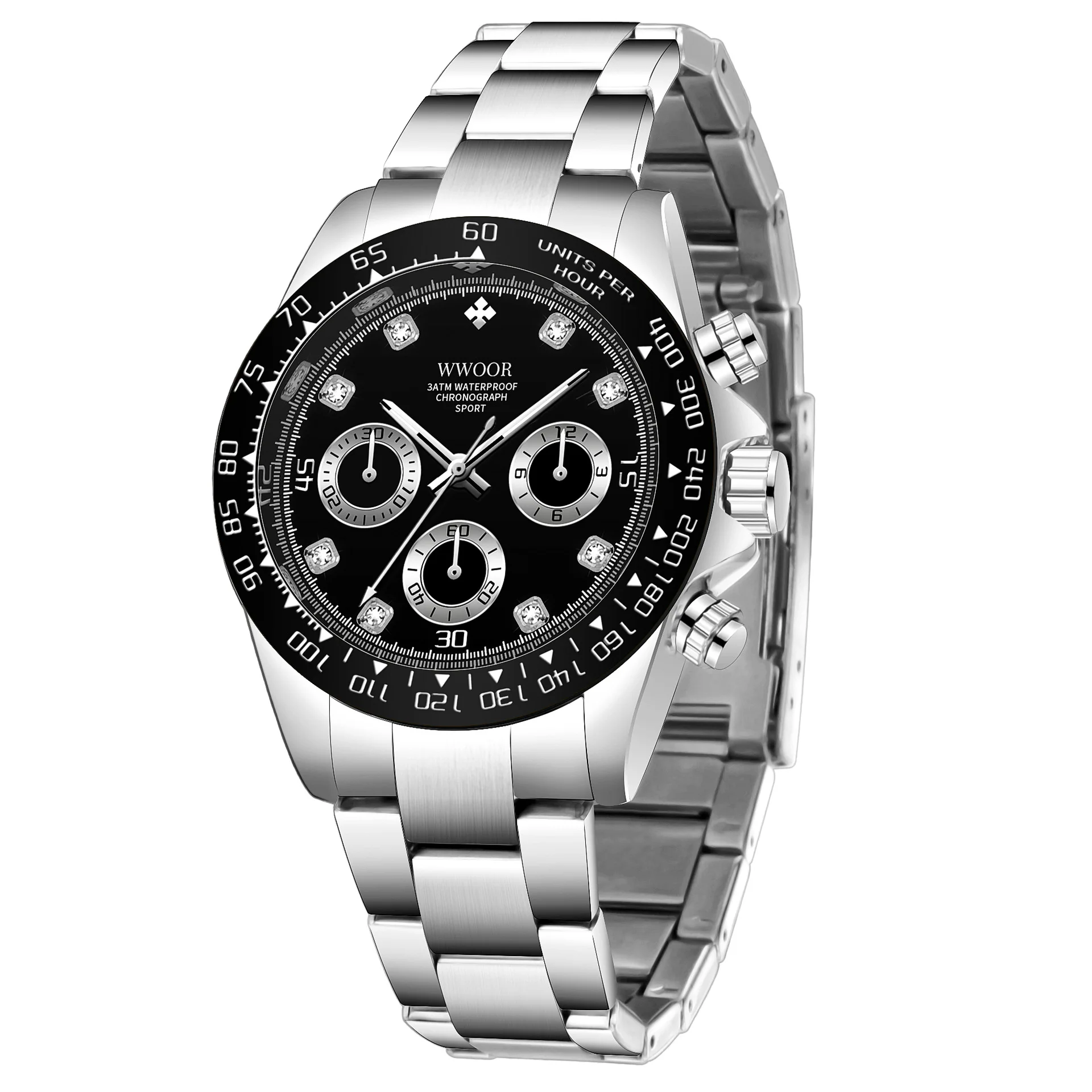 High quality wwoor gold quartz luxury charm chronograph second hand watch sports stainless steel men waterproof quartz watch