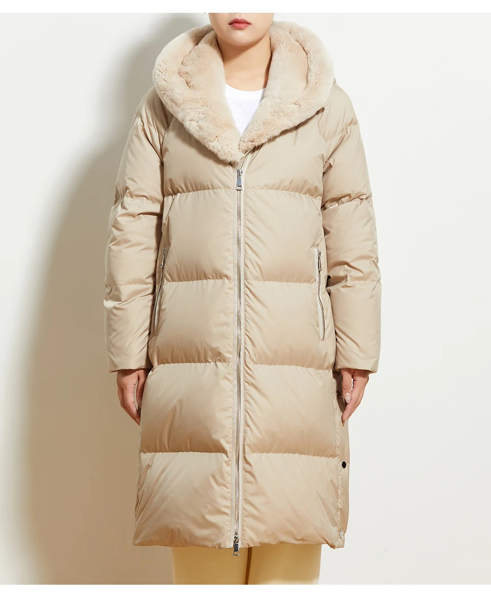 Women Detachable Rex Rabbit Fur Collar White Goose Down Coat Ladies Long Coats