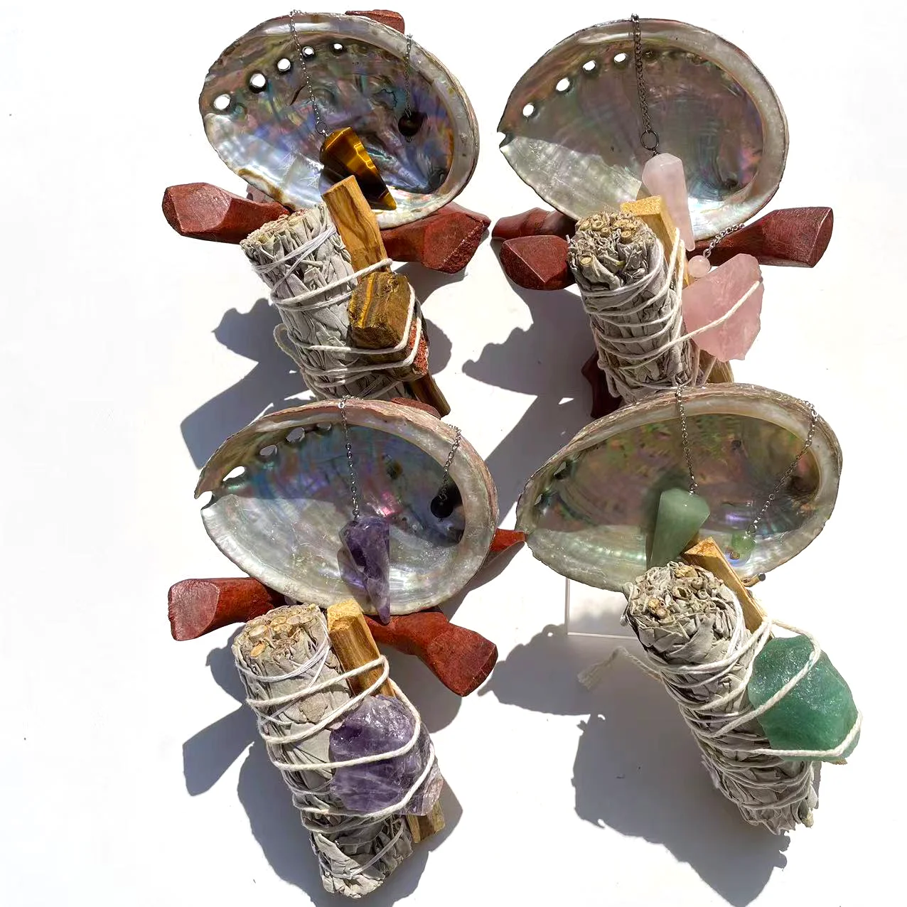 Natural Abalone Shell with Wood Stand rose quartz amethyst pendulum raw Incense Holder Sage Smudge Bowl for Cleansing Smudging