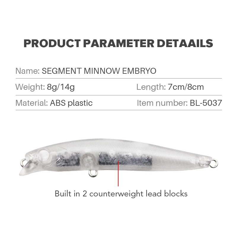 8g/14g Blank Minnow Slow Sinking Jerkbait Fishing Bait ABS Unpainted Hard Plastic Fishing Lures Minnow