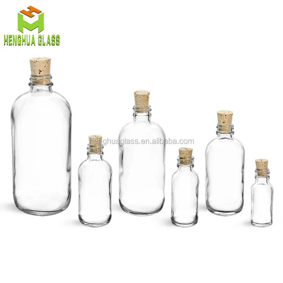 1/2 oz 1oz 2oz 4oz 8oz 16oz 32oz 15ml 30ml 60ml 120ml 240ml 500ml 1000ml clear round glass boston bottle with cork