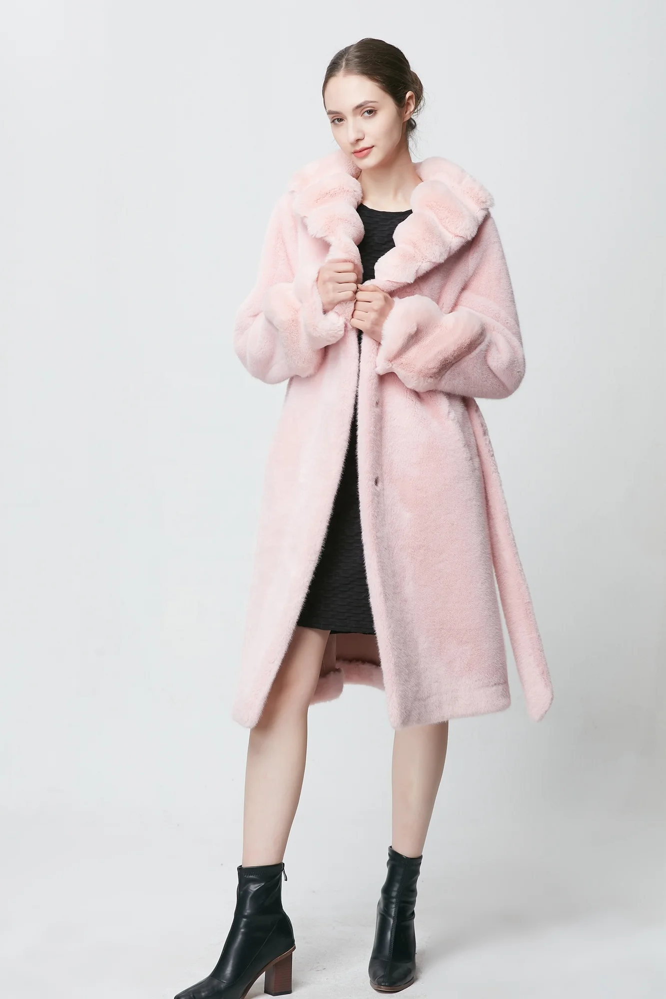 Wholesale Customization Solid Faux Sable Mink Fur Coat With Belt Full Sleeve Fux Fur Coat Parka