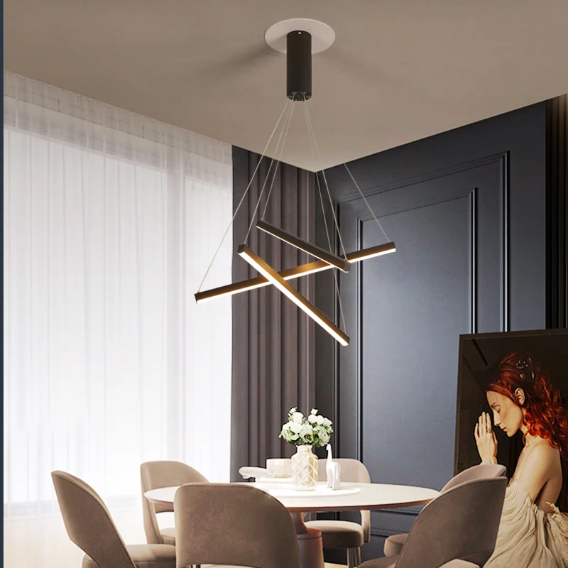 Strip Shape Simple Hanging Decorative Ceiling Pendant Lights Circle Rings Acrylic Black Luxury Modern LED Chandelier Lamp