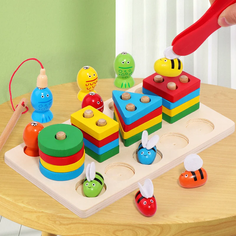 Wooden Sorting Stacking Blocks Toys Shape Color Sorter Puzzle Magnetic Fishing Montessori Game for Toddler