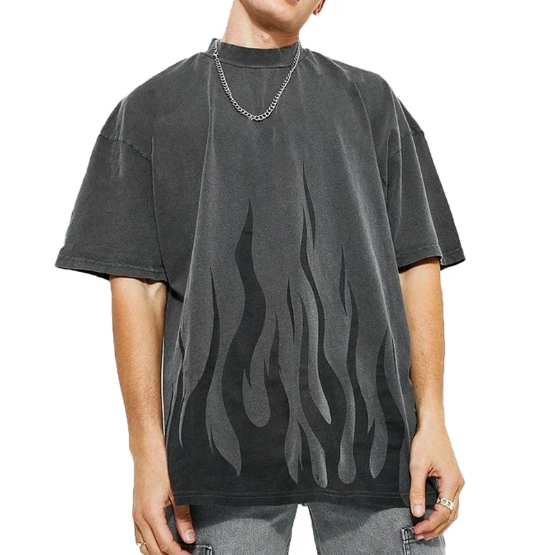 Wholesale100% Cotton Summer Pour Hommes Tee Man Fashionable Fire Print Acid Wahed Vintage T-shirts