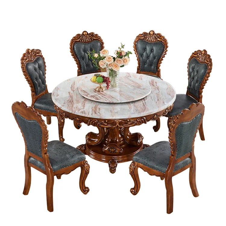 European-style dining table and chair combination marble solid wood round table with turntable round dining table