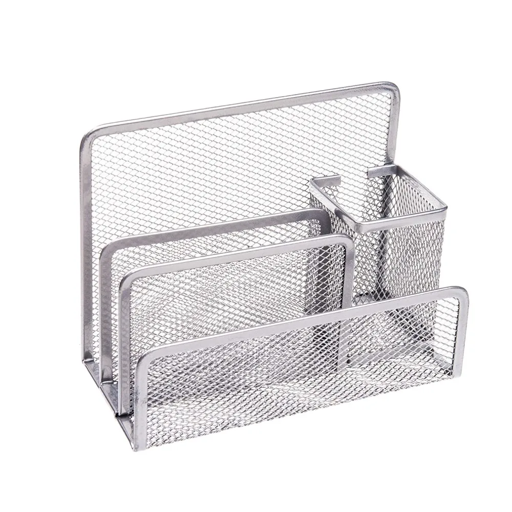 School Office Supply Customized Package Black Wire Mesh Metal Iron 4 Slots Table Desktop Pen Holder Letter Holder