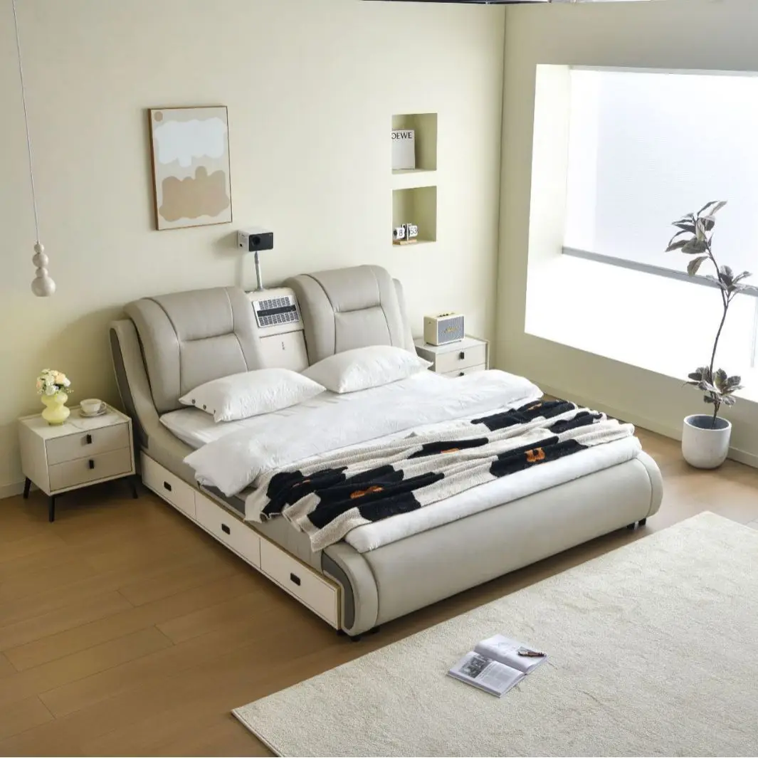 Luxury Multifunctional Queen Double Leather Bed Home Bedroom Furniture Modern Wooden King Size Smart Bed With Tv Projector